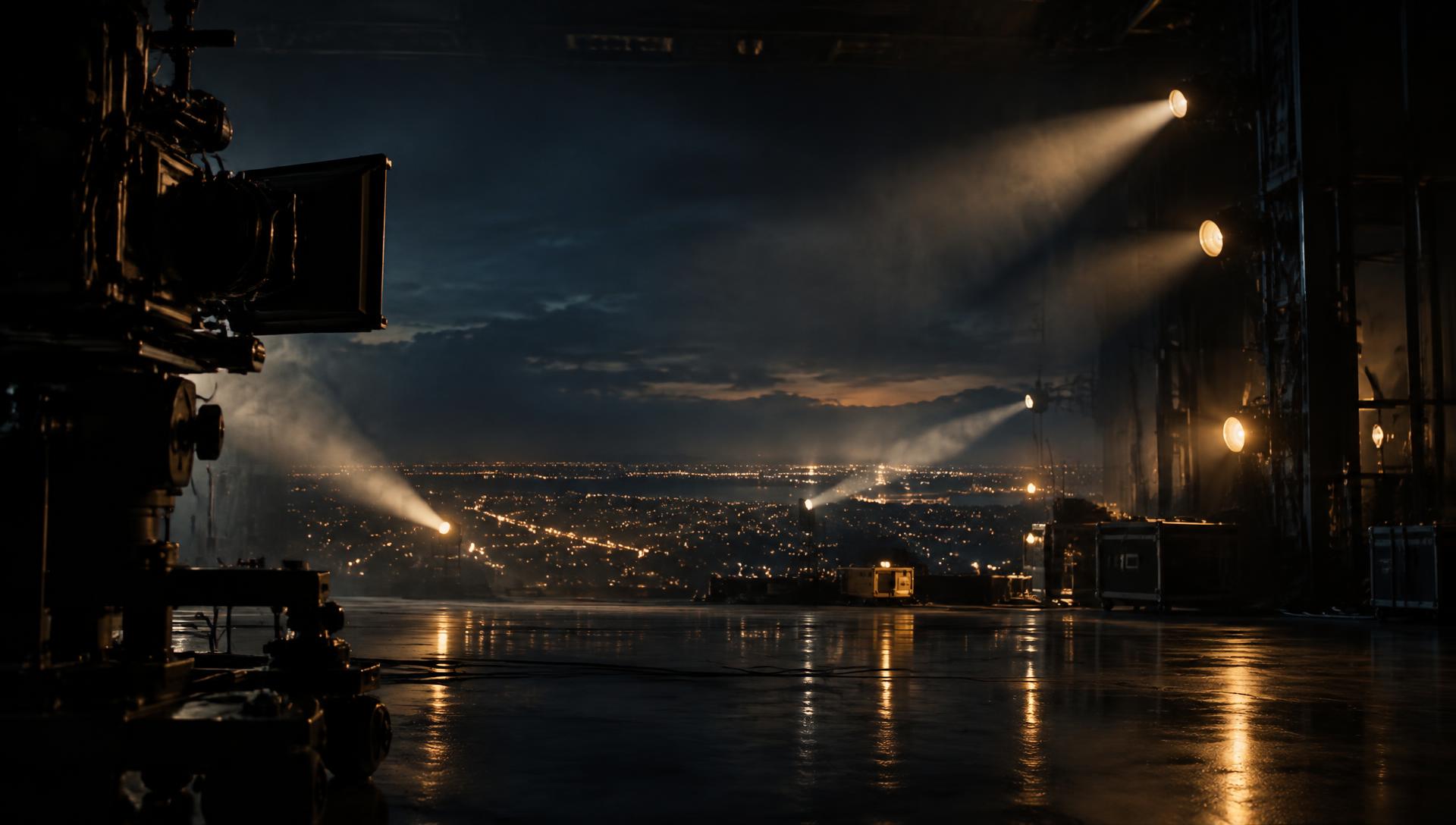 A cinema camera and studio lights overlooking a distant city at night